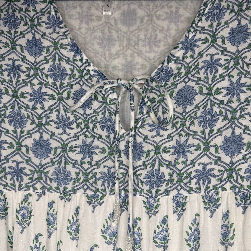 RockFlowerPaper Babydoll Dress Blue & White Bishop Sleeve Size S Boho, Cottageco - Picture 2 of 13